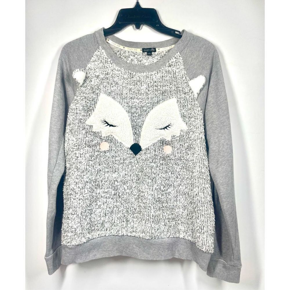 Cozy Zoe Sweater Grey Long Sleeve Shirt White Fox Face Embroidery 3D Women S